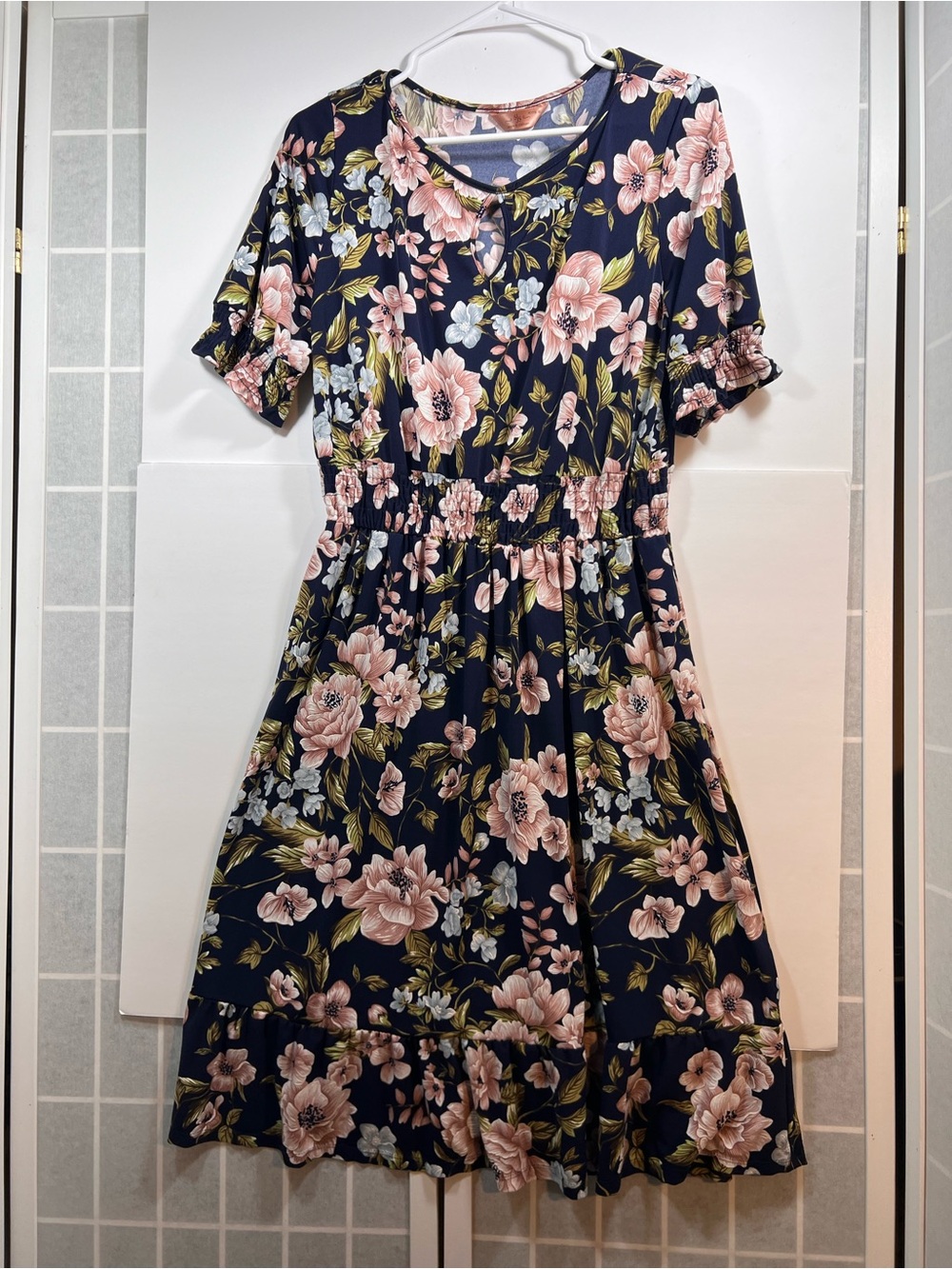 Floral Navy Short-Sleeve Dress with Smocked Elastic Waist